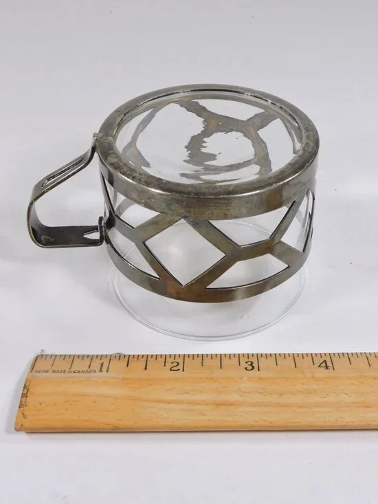 2 Duralex Tempered Glass Cups In Silver Tone Metal Holders - France - Coffee Tea - Picture 6 of 7